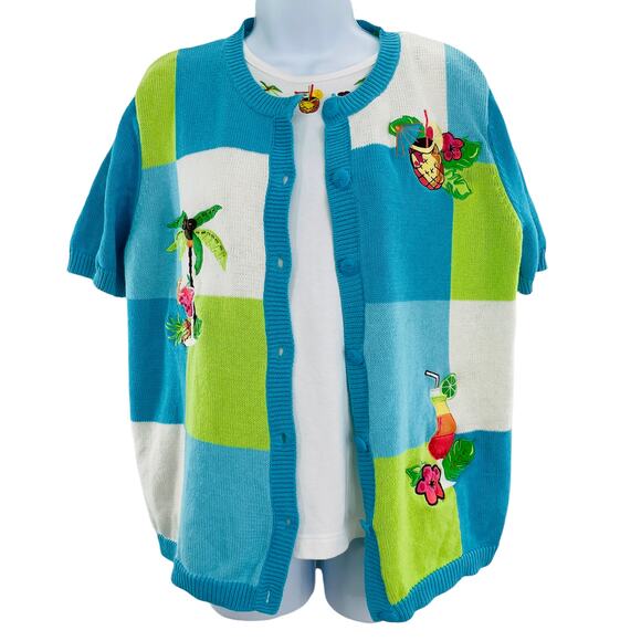 breckenridge Tops - BRECKENRIDGE Blue Green White Tropical Drink Top & Cardigan Sweater Set S/M